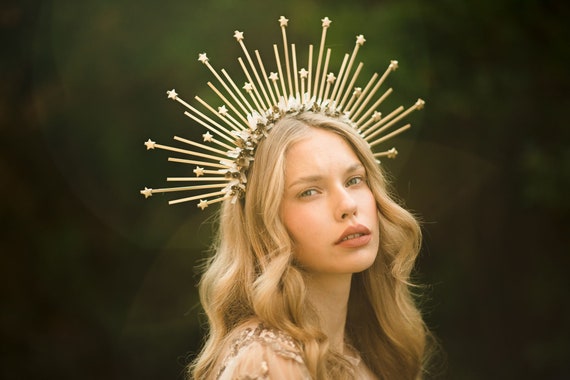Gold Sunburst Hair Crown Golden Sunburst Halo Crown: Rhinestone Bun Hair Accessory - Etsy main image 3