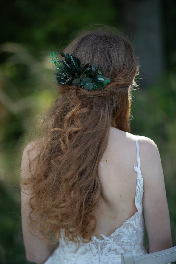 Woodland bridal floral crown Gold and Emerald bridal flower comb Fern Greenery wedding headpiece