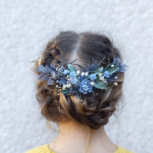 Romantic bridal hair comb Baby blue flowers Blue bridal hair comb Greenery hair comb Bridal hairstyle Blue and green hair comb Flower hair image 8