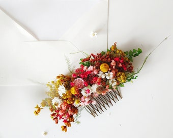 Boho flower hair comb Wild flowers hair comb Summer wedding Rustic wedding Dried Red Yellow flowers Preserved clip Bridal hair Cottagecore