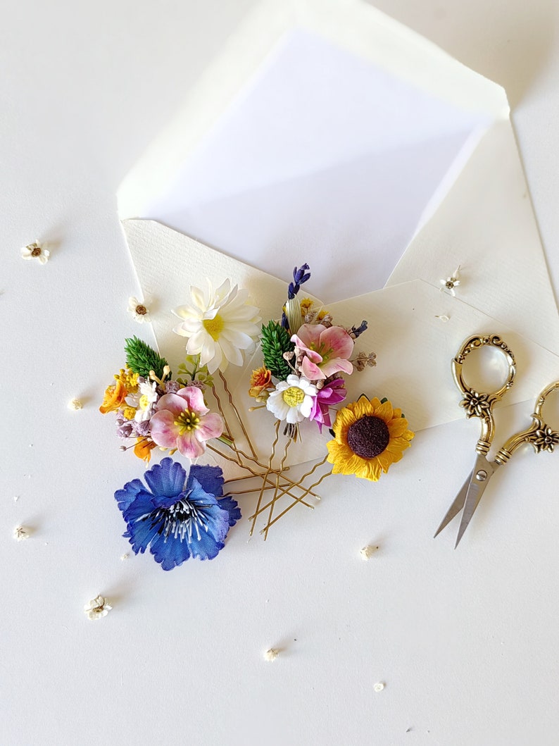 Set of hairpins Meadow flowers Wild flowers Bridal hair Flower hairpins Summer wedding Garden wedding Flower hair accessories Sunflower zdjęcie 4