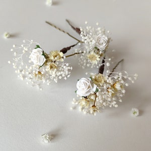 Dried flower hair set Ivory dried hairpins Beige hairpins Mini rose Natural bridal comb Hair accessories Romantic bridal hairstyle Magaela One hairpin