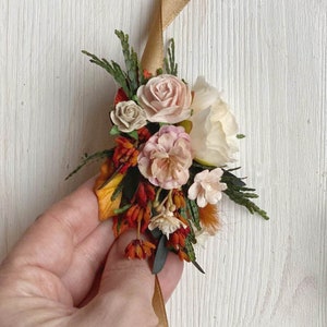 Terracotta autumn flower wedding set Bridal hair comb Burnt orange wedding hairpins Boutonniere for groom Cinnamon boutonniere Magaela image 10