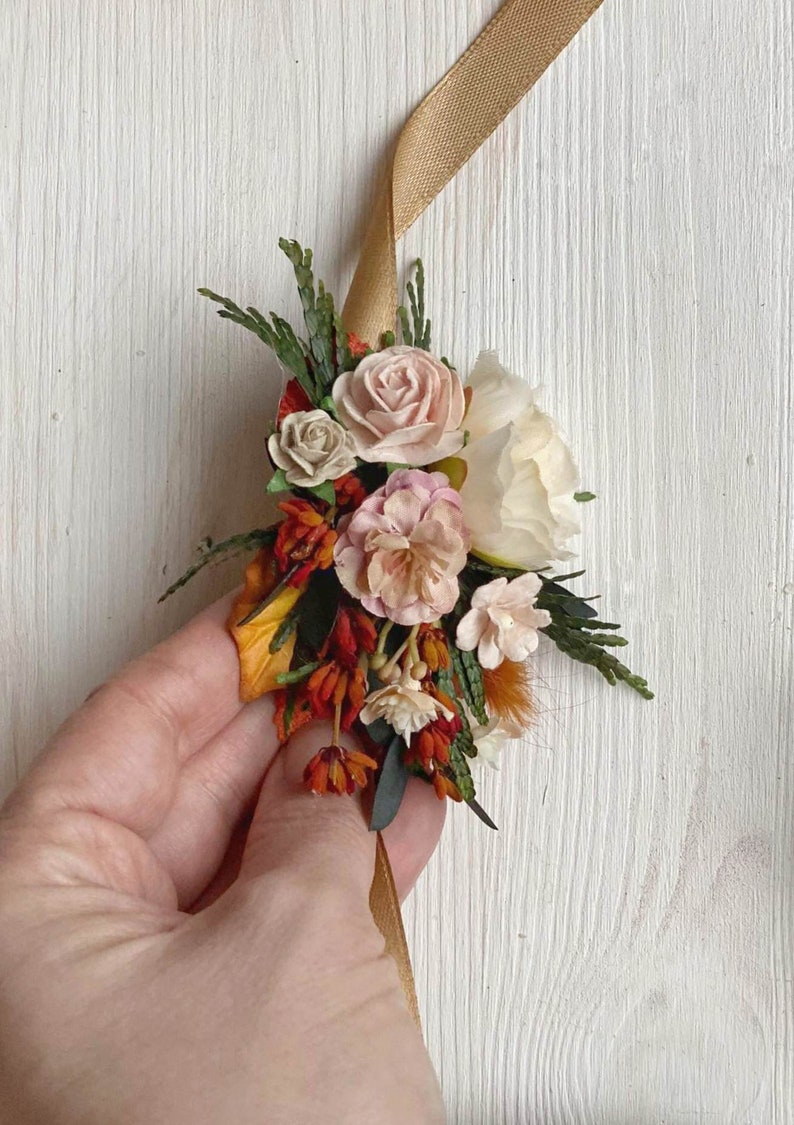 Terracotta autumn flower wedding set Bridal hair comb Burnt orange wedding hairpins Boutonniere for groom Cinnamon boutonniere Magaela image 10