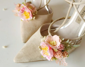 Románticos clips de zapatos de flores Flores de melocotón y rosa Decoración floral para zapatos Tacones altos clips de flores Accesorios de boda Zapatos de novia flor