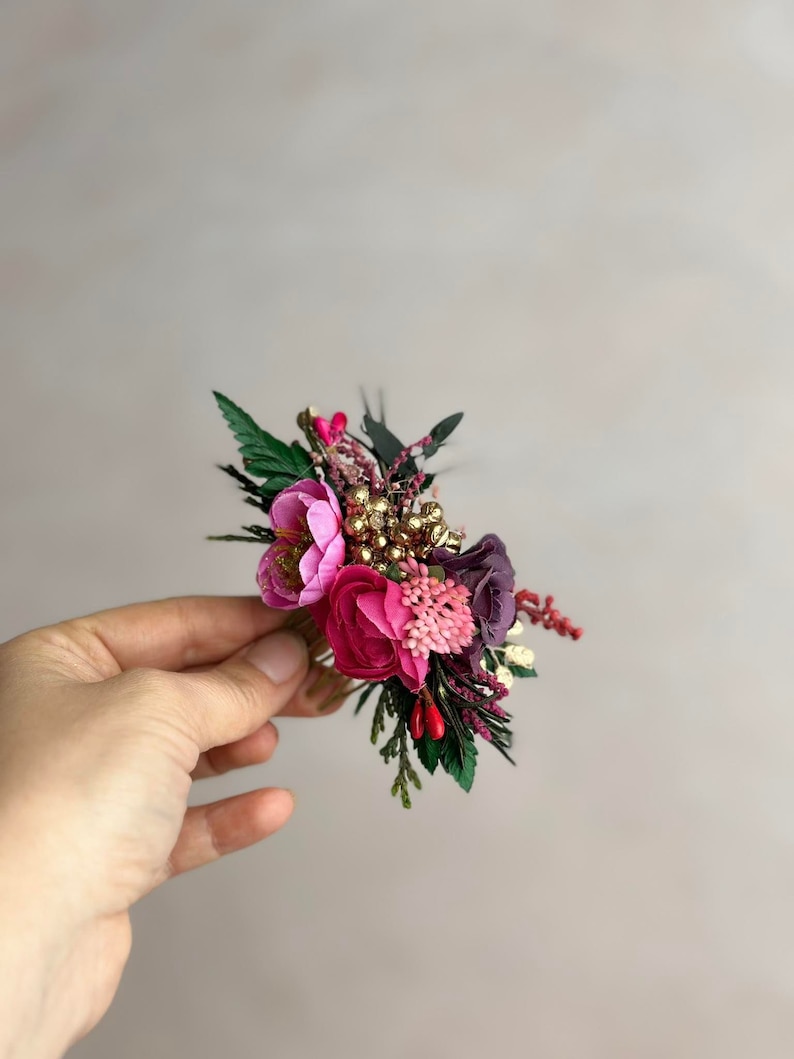 Set of fuchsia flower accessories Flower bridal hair comb Purple hair pin wedding Flower Magaela accessories Bridal hairpin Flower hair comb image 5
