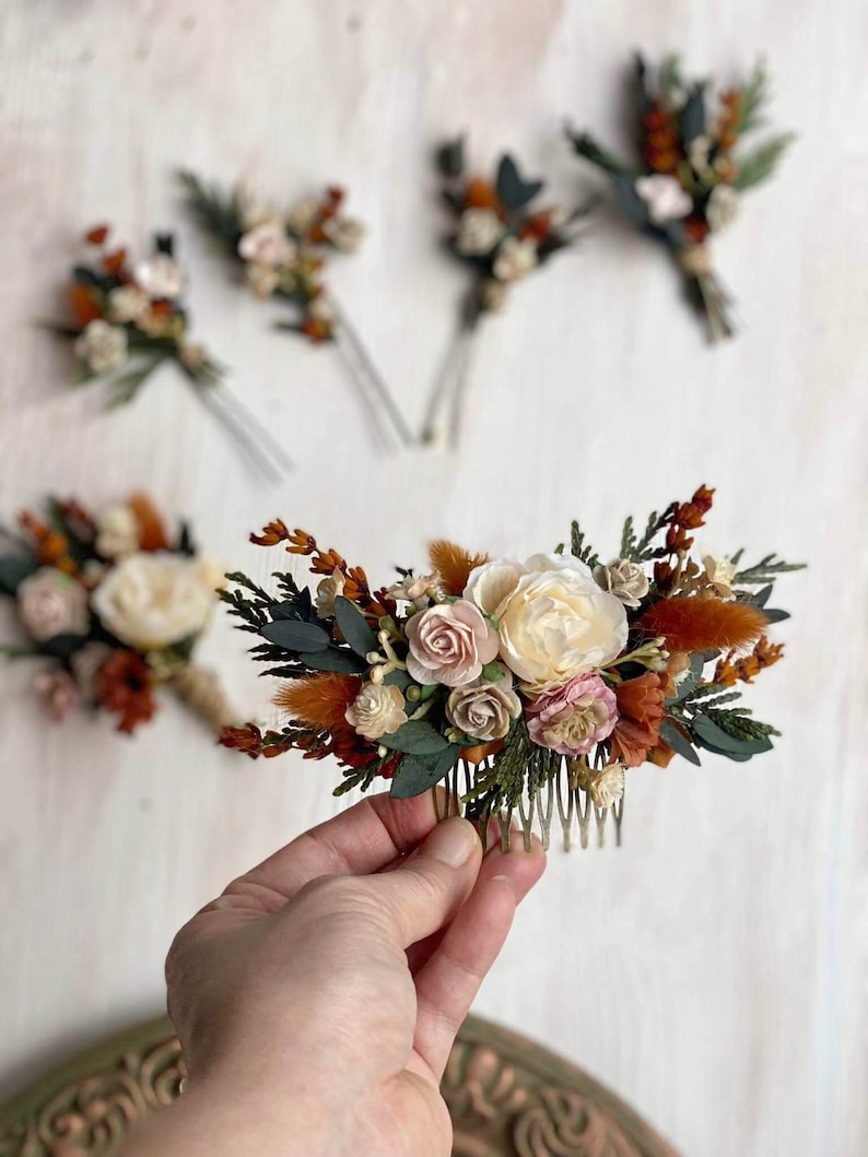 Burnt orange flower hair comb Terracotta wedding headpiece Bunny tails and roses hair comb Autumn flower hair comb Magaela Fall accessories Hair comb