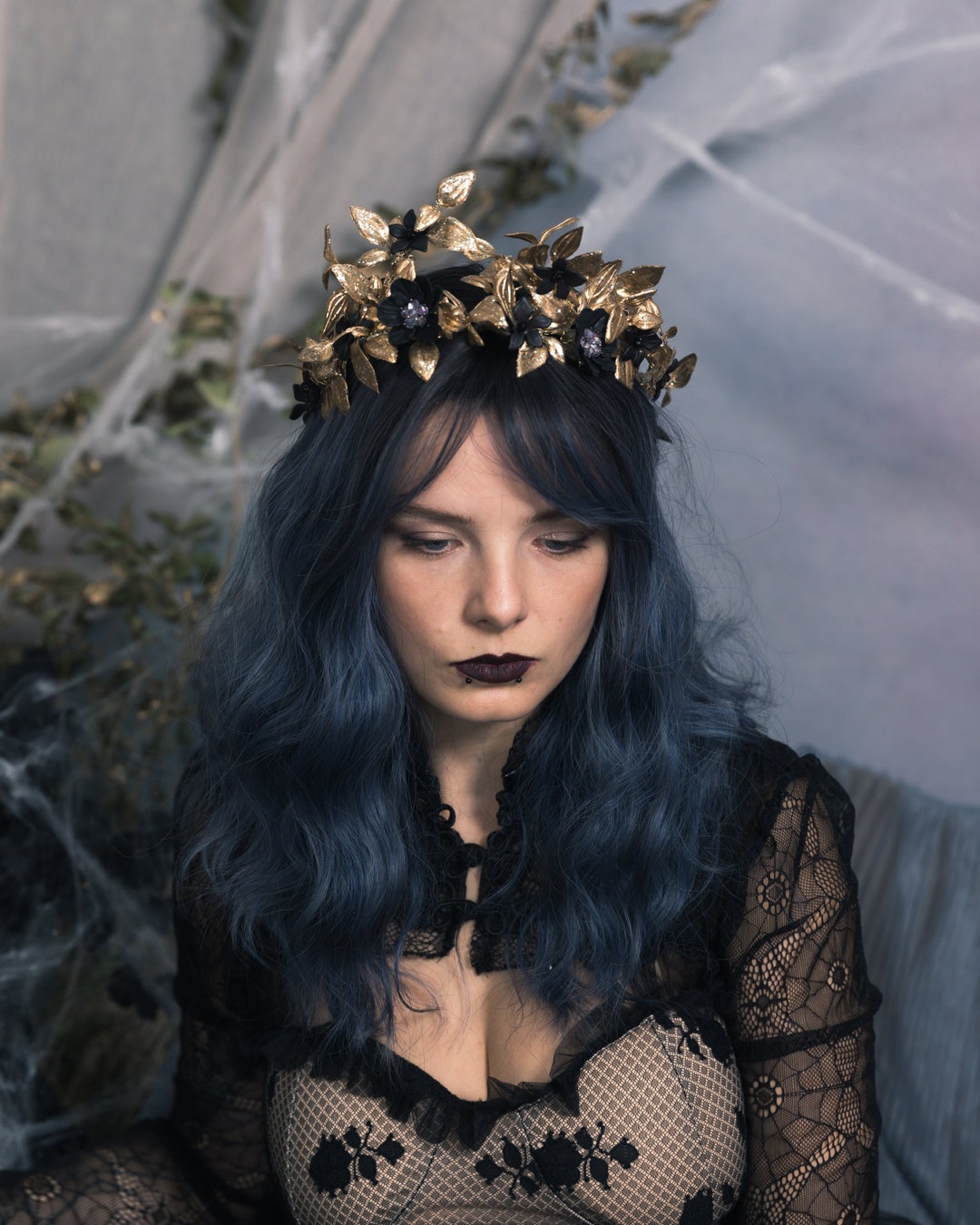 Gold Halloween Flower Crown Golden and Black Hair Crown Evil Queen