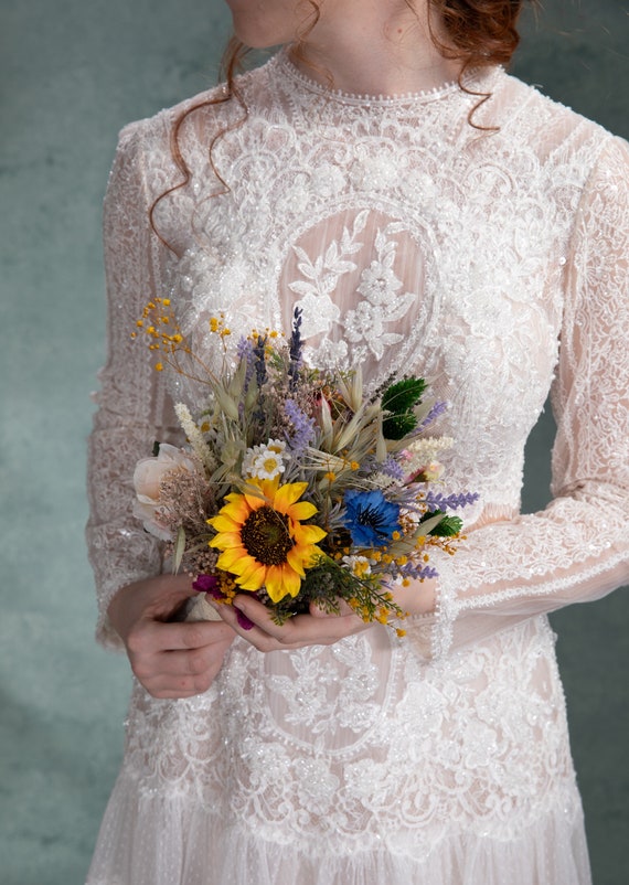 SEMONONIA Bouquet di girasoli artificiali, set di 6 piccoli fiori finti, bouquet da damigella d'onore, centrotavola per matrimonio, sala da pranzo, tavolo, vaso, decorazioni per barattoli di vetro