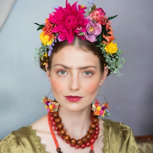 Fuchsia flower headband Frida Kahlo hair crown Colourful wedding hairband Dahlia wedding crown Mexican Day of the Dead Halloween wedding image 2