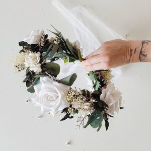 Eucalyptus bridal hair wreath Eucalyptus and white roses crown Greenery wedding Boho flower crown Fairycore Flower boho wreath Bride to be image 5