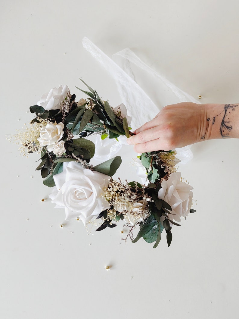 Eucalyptus bridal hair wreath Eucalyptus and white roses crown Greenery wedding Boho flower crown Fairycore Flower boho wreath Bride to be image 5