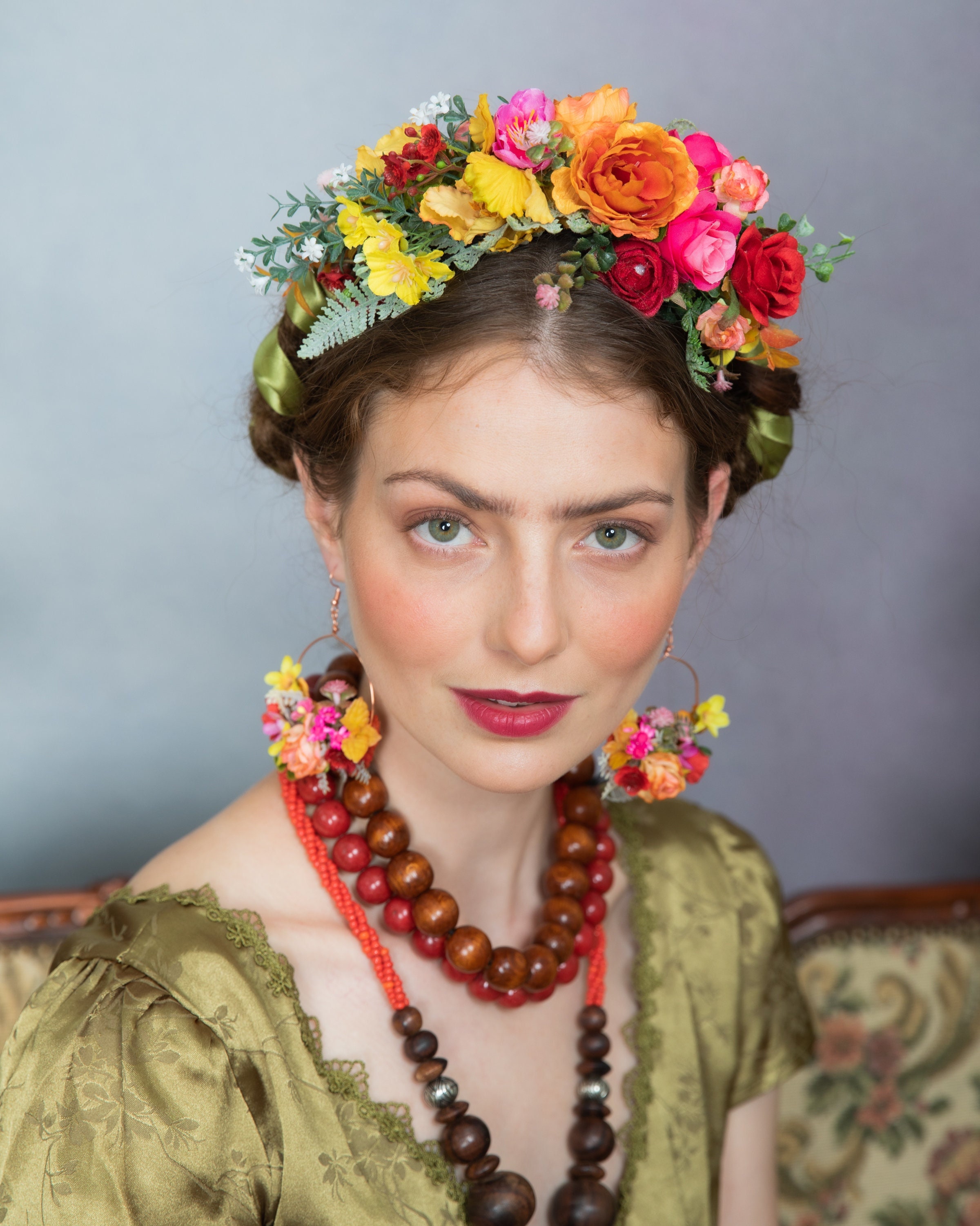 Diadema de flores coloridas, corona para el cabello de Frida Kahlo, corona de boda colorida, corona de boda para futura novia, boda mexicana de Halloween, Cinco de Mayo