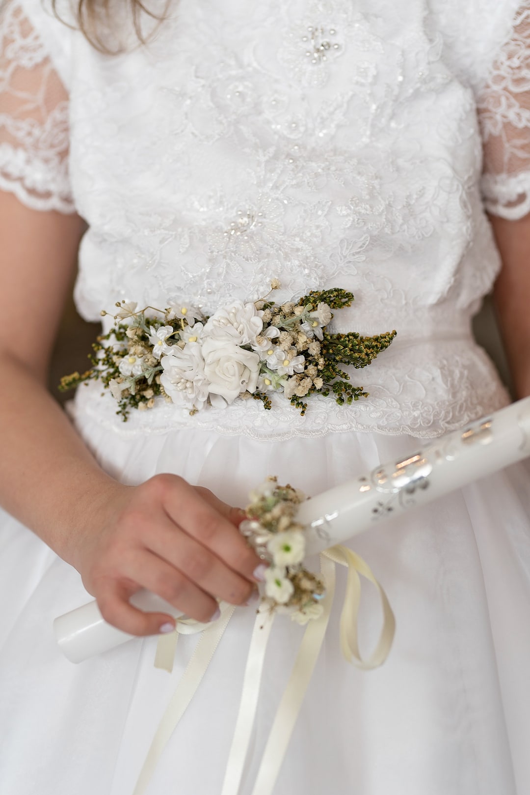 Cinturón floral para Primera Comunión: Faja blanca para vestido de