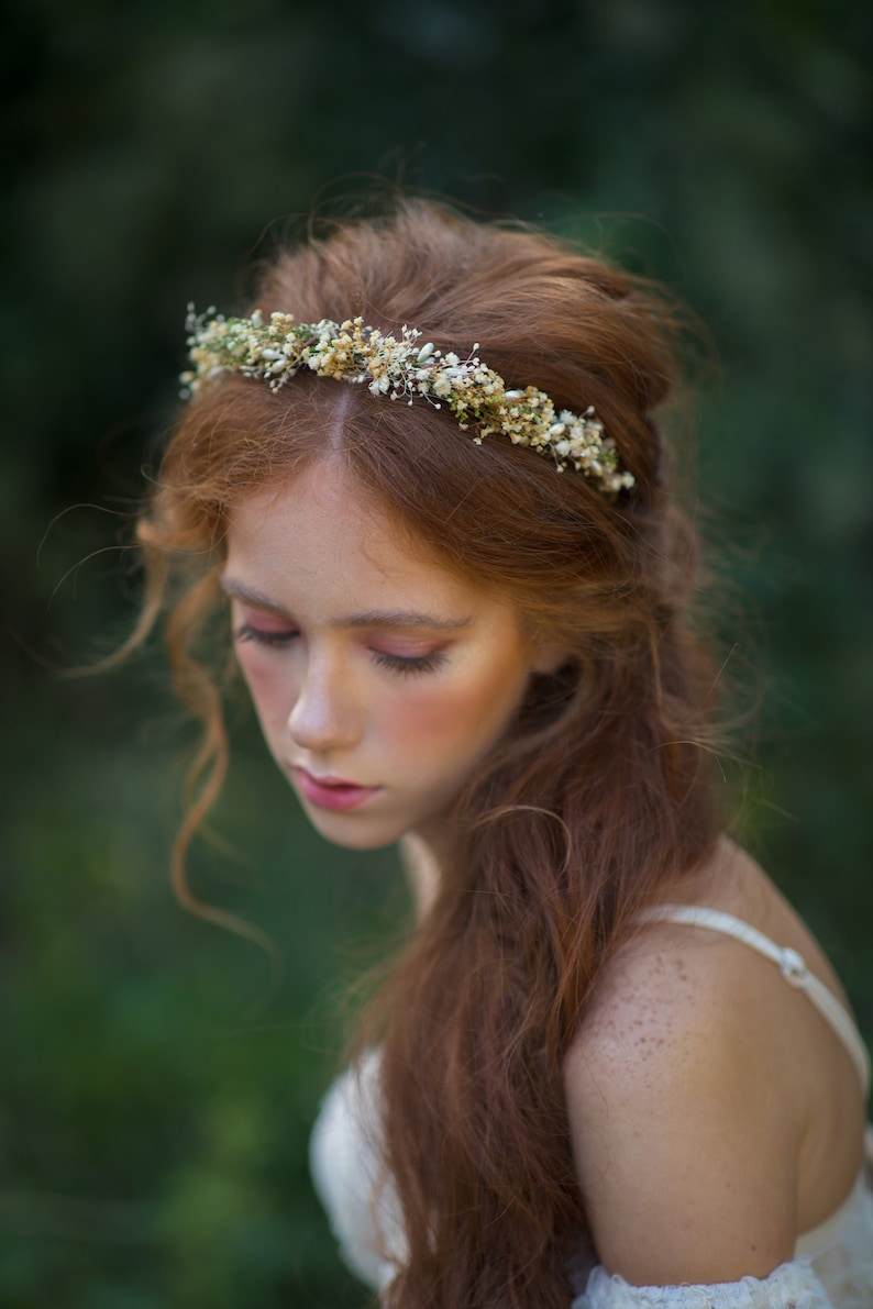 Beige natural dried headband Earthy flower hairband Gypsophila wedding headpiece Barn Rustic wedding Preserved flower headband Magaela image 1