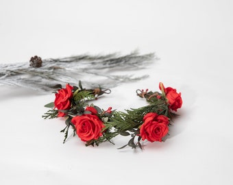 Flower half wreath with red roses Pine needles woodland crown Wedding accessories Flower Bridal headpiece Bride to be flower crown Magaela