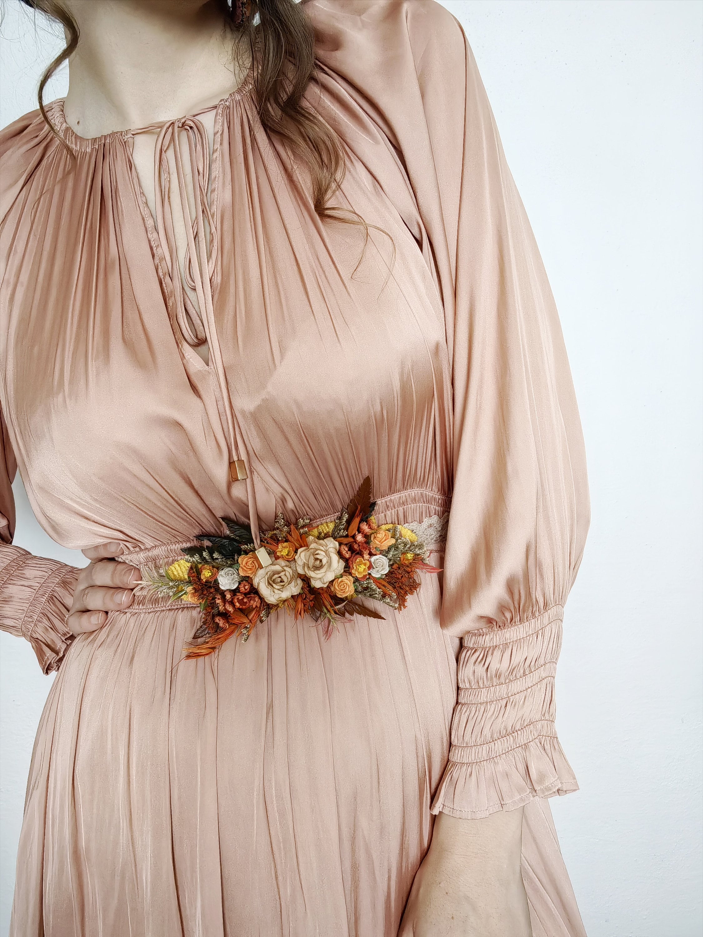 Terracotta Autumn Flower Belt: Burnt Orange Fall Boho Wedding Bridal Dress Belt on Lace