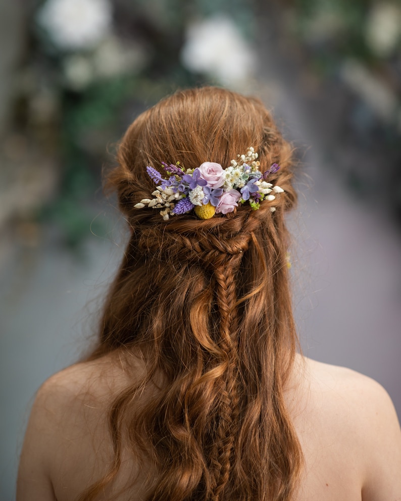 Spring lavender flower hair comb Lilac wedding headpiece Purple and yellow bridal flower comb Custom Summer wedding hair accessories Magaela image 3