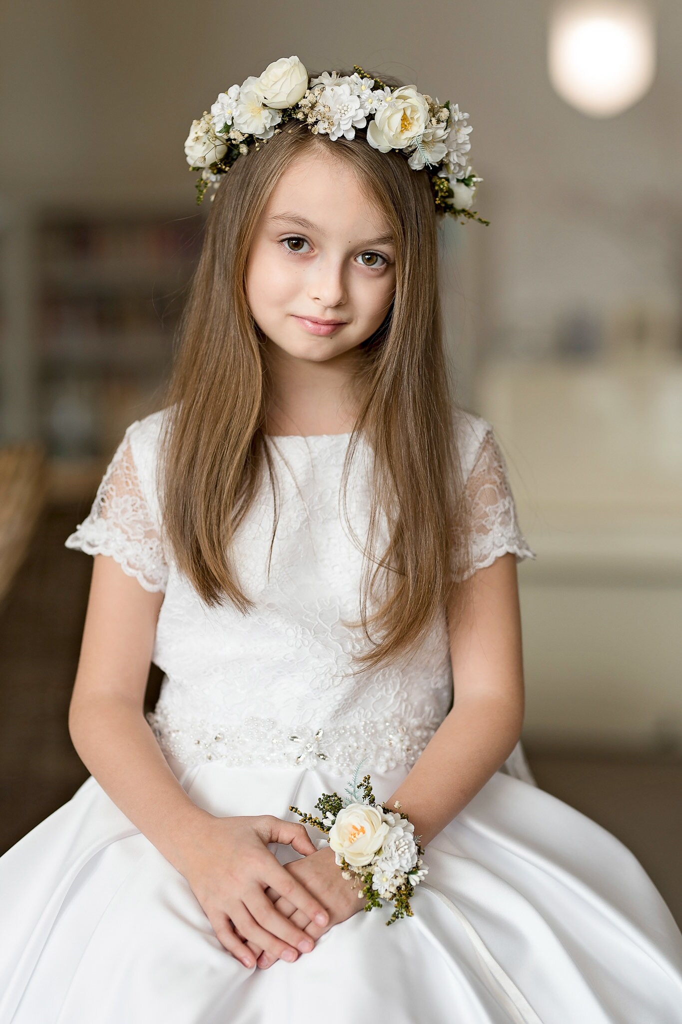 First Communion Dress Satin Bodice With Mesh Sleeves - My First Communion