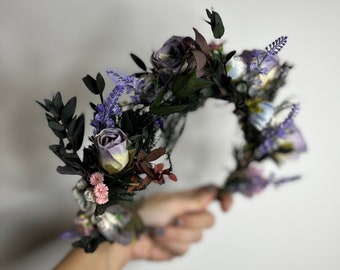 Fleur violette demi-couronne Mariage Boho Lavande romantique demi-couronne de fleurs de mariée avec roses Bandeau de mariage Accessoires de mariage
