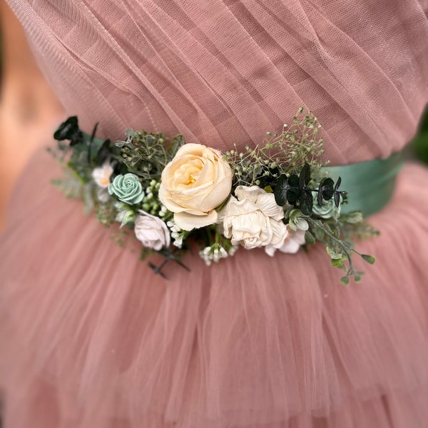 Sage green flower belt Bridal flower sash White roses Ivory Greenery wedding Belt with ribbon Boho flower belt Natural Magaela accessories