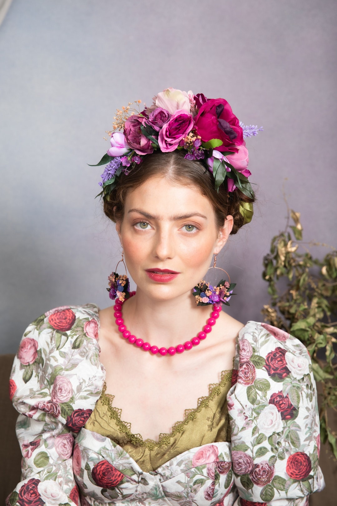 Magenta Frida Flower Headband: Purple Wedding Hair Crown