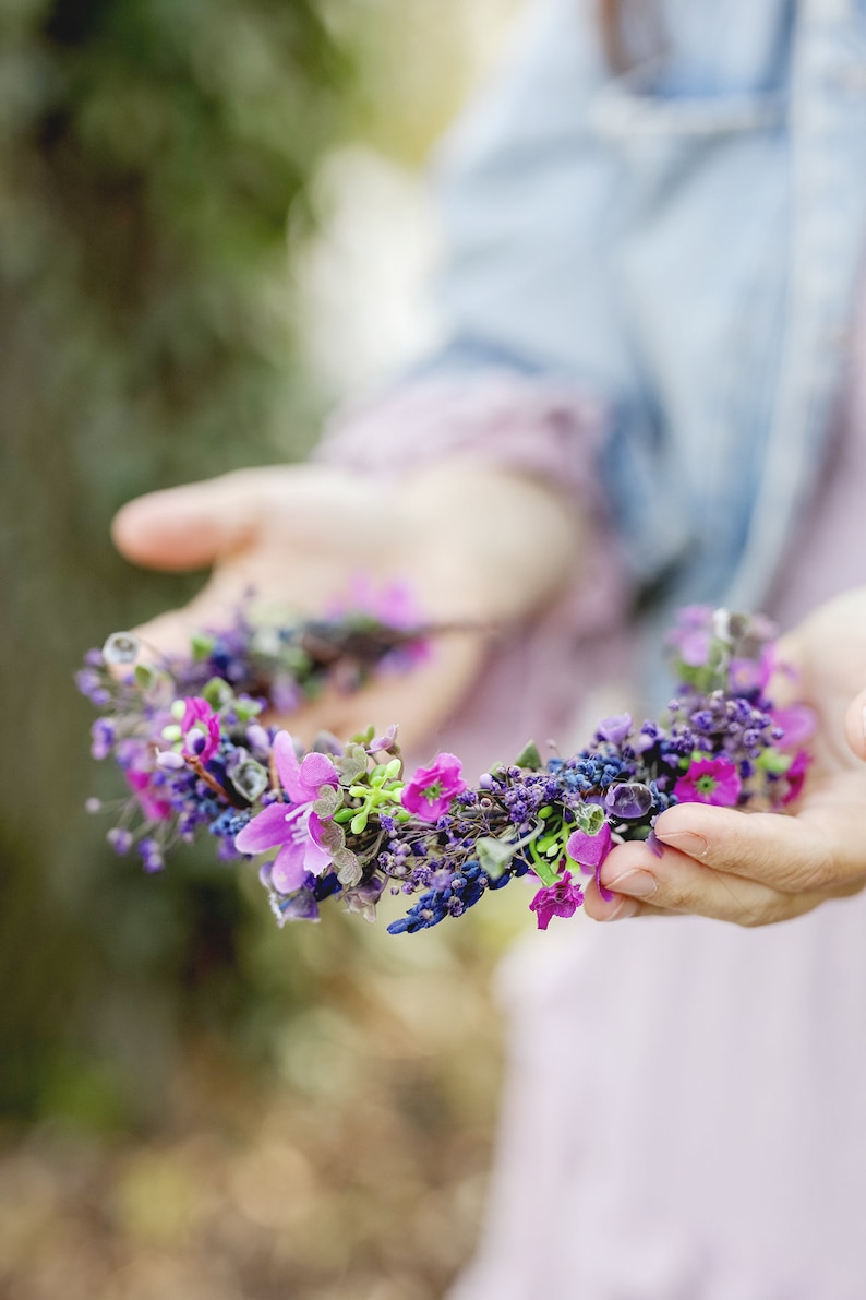 Purple flower half crown Bridal headpiece Durable wreath 2021 Wedding Lavender Natural looking crown Magaela Violet wedding accessories image 1