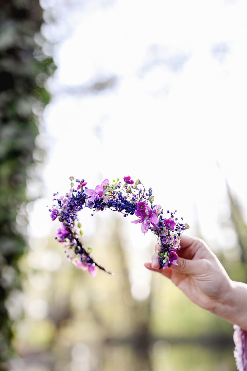 Purple flower half crown Bridal headpiece Durable wreath 2021 Wedding Lavender Natural looking crown Magaela Violet wedding accessories image 7