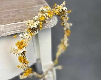 Gele en ivoren bloemenhaarkroon Bruidsbloemenkrans Bruiloftsbloemhalo Gedroogde en geconserveerde bloemenkroon Natuurlijke bruidsbloemhoofddeksel