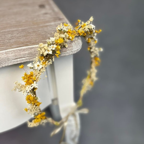 Couronne de cheveux de fleurs jaunes et ivoire Couronne de fleurs de mariée Halo de fleurs de mariage Couronne de fleurs séchées et préservées Coiffe de fleurs de mariée naturel