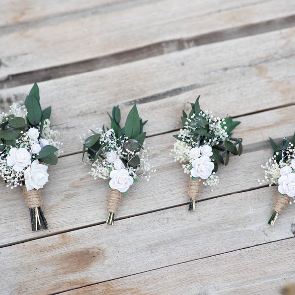 Groom's boutonniere Green and white buttonhole White rose corsage for groom Best man accessories Magaela Customisable boutonniere Greenery