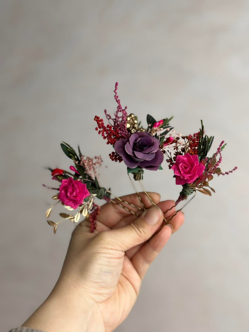 Set of fuchsia flower accessories Flower bridal hair comb Purple hair pin wedding Flower Magaela accessories Bridal hairpin Flower hair comb image 6