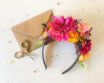 Magenta Frida Flower Headband: Boho Wedding Hair Crown