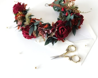 Dark red wedding half wreath Burgundy wedding half wreath Bridal hair crown Wedding accessories Bridal crown Boho wedding Pine cones Roses