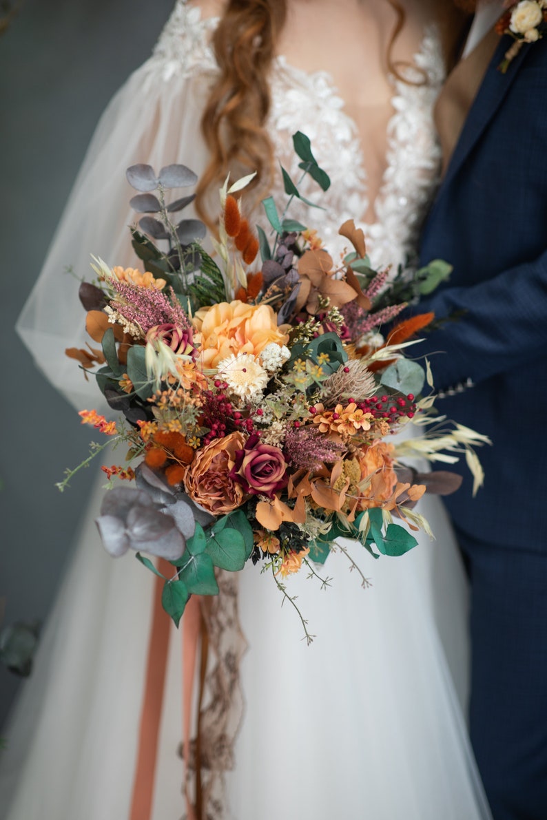 Large boho wedding bouquet Fall burnt orange bridal bouquet Autumn bridal accessories Rustic bride to be Custom eucalyptus bouquet Magaela image 9