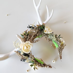 Halloween crown with deer antlers Black flower crown Horns crown Samhain Headband Ivory antlers Bride Photo shoot Wedding Headpiece Woodland image 9