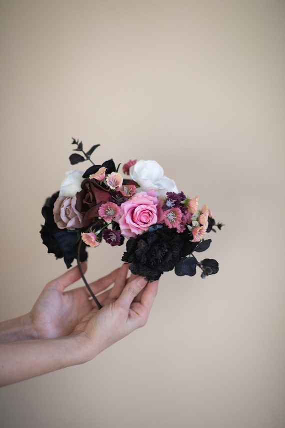 Frida Flower Crown: Black & Pink Rose Headband, Mexican  display picture 1