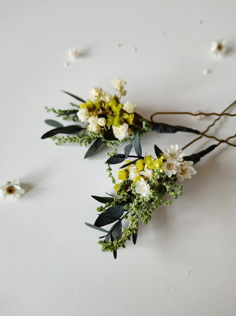 Meadow flower hairpins Greenery hairpins Preserved flower hairpins Bridal hair Cottagecore Hair accessory Natural design Meadowy design image 1
