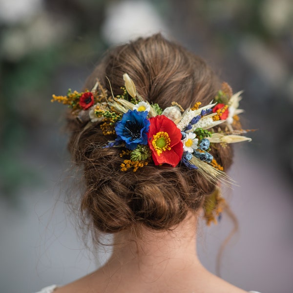 Meadow wedding flower hair vine Bridal hair comb with poppy flowers daisies cornflowers Slavic wedding flower comb Shapeable hair vine