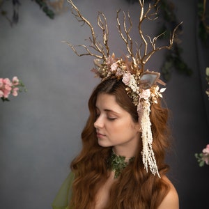 Fairytale Crown With Deer Antlers Pink Flower Crown Horns Crown ...