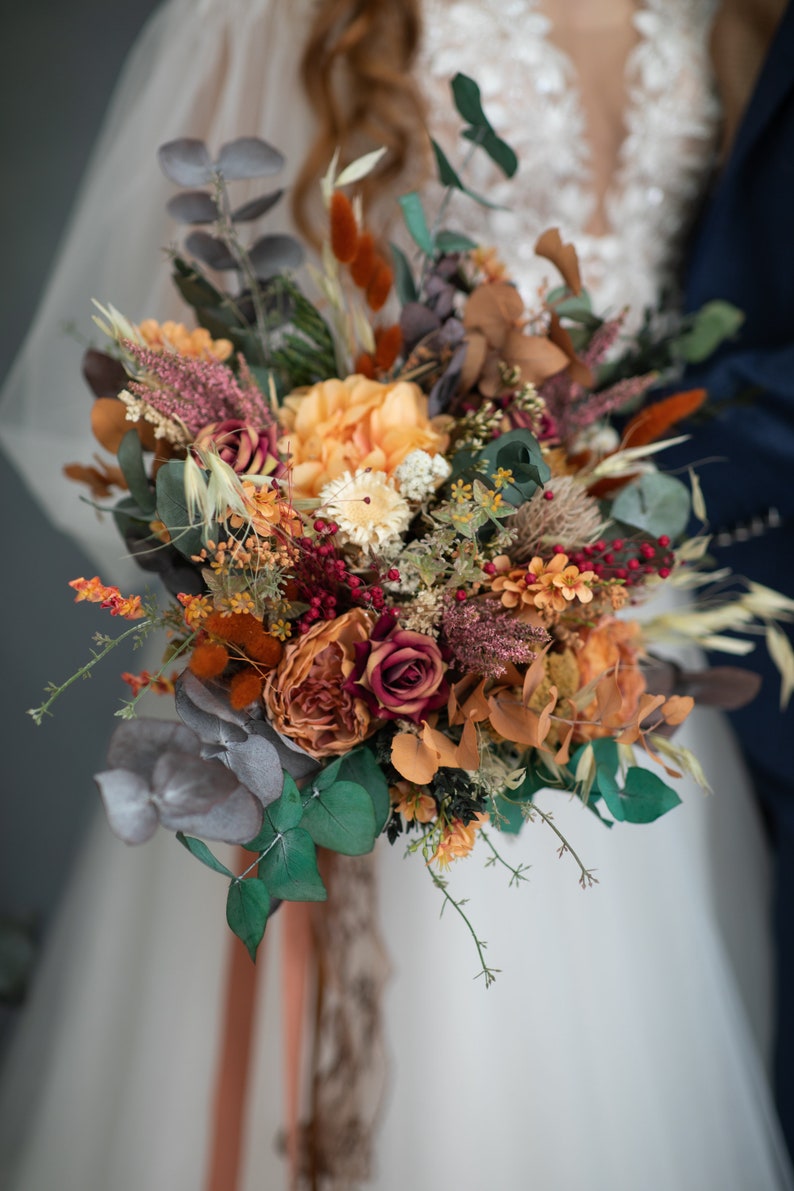 Large boho wedding bouquet Fall burnt orange bridal bouquet Autumn bridal accessories Rustic bride to be Custom eucalyptus bouquet Magaela image 7