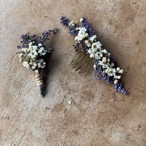 Natural lavender boutonniere Violet and white boutonniere Magaela Wedding accessories Hochzeit Bridal comb Groom accessories Baby's breath zdjęcie 9