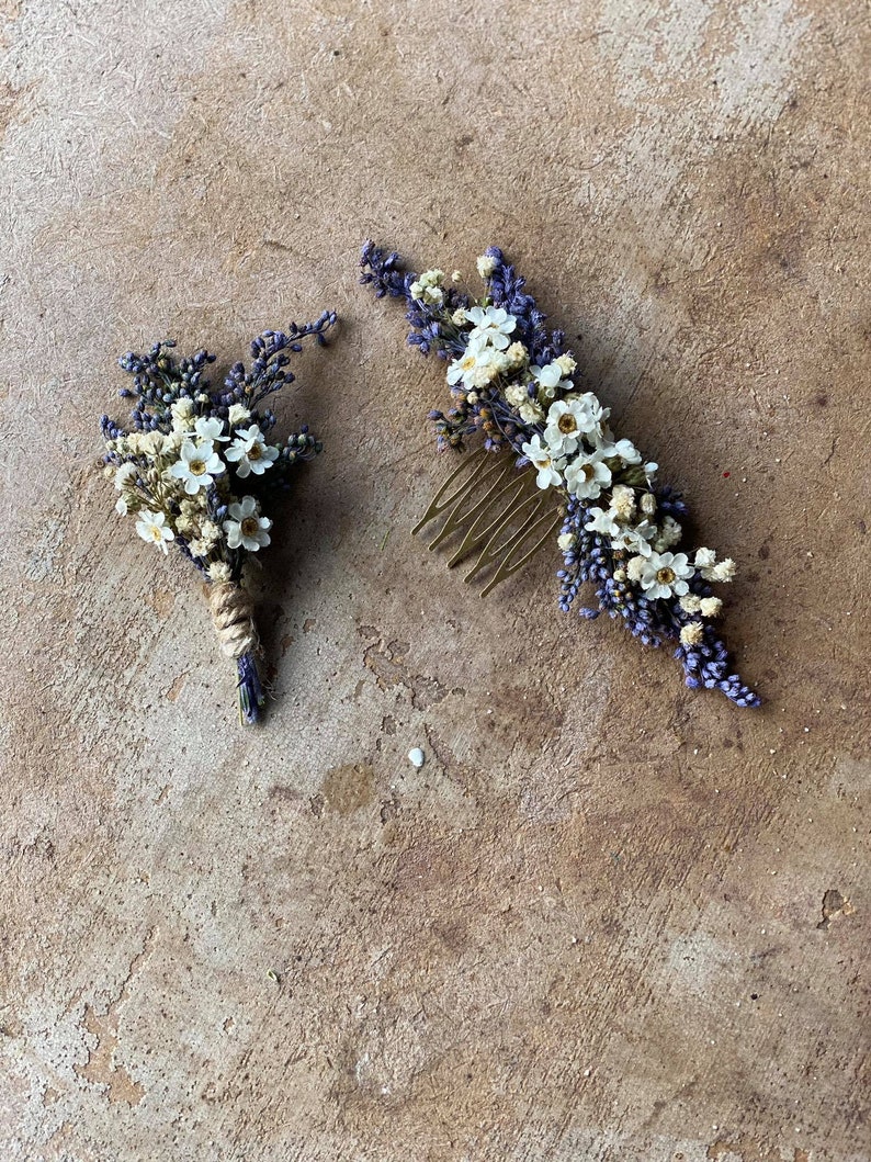 Natural lavender boutonniere Violet and white boutonniere Magaela Wedding accessories Hochzeit Bridal comb Groom accessories Baby's breath zdjęcie 9