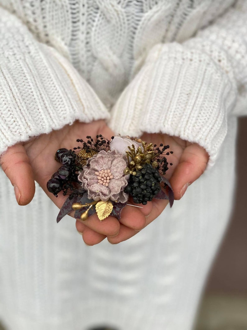 Dusty pink flower wedding brooch Golden Romantic brooch Statement brooch Bridal flower brooch Magaela accessories Black Coat brooch zdjęcie 9