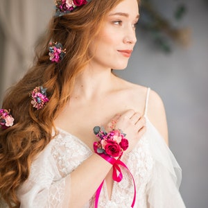 Fuchsia flower bracelet Magenta bridal bracelet Romantic Pink rose wrist corsage Bridesmaid gift Wedding accessories Magaela jewellery image 4