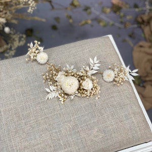 Arreglo de pelo de flores de boda de marfil con flores preservadas Tocado de boda Enredadera de pelo blanco Flores de pelo nupcial Pieza de pelo blanco imagen 7