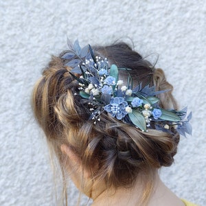 Romantic bridal hair comb Baby blue flowers Blue bridal hair comb Greenery hair comb Bridal hairstyle Blue and green hair comb Flower hair image 9