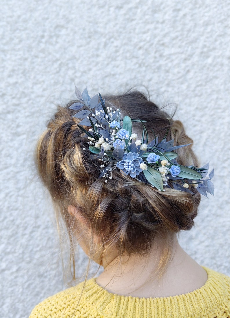 Romantic bridal hair comb Baby blue flowers Blue bridal hair comb Greenery hair comb Bridal hairstyle Blue and green hair comb Flower hair image 9