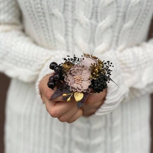 Dusty pink flower wedding brooch Golden Romantic brooch Statement brooch Bridal flower brooch Magaela accessories Black Coat brooch image 1