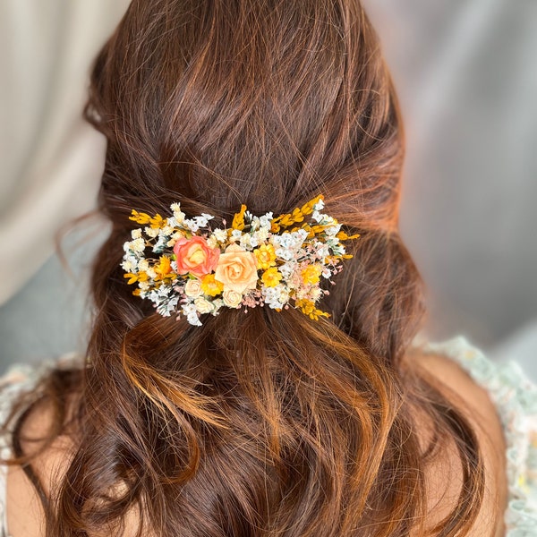 Pince à cheveux à fleurs jaunes Pince à fleurs d’automne Mariage d’automne Pince à cheveux d’été Mariée à être Couvre-chef de fleur séchée Barrette de fleur blanche